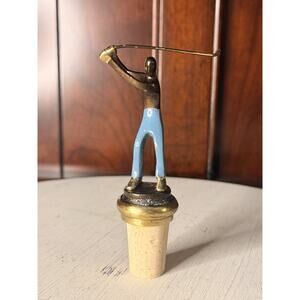 Vintage Brass and Enamel Paint Golfer Figurine Bottle Wine Stopper 4.5 Inches